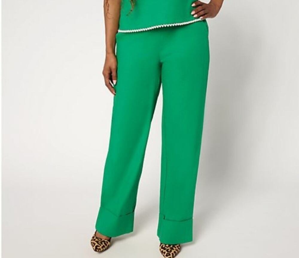 Stacy London Med Green Stretch Cotton Wide Leg Pant With Tall Cuff A691876 NWOT